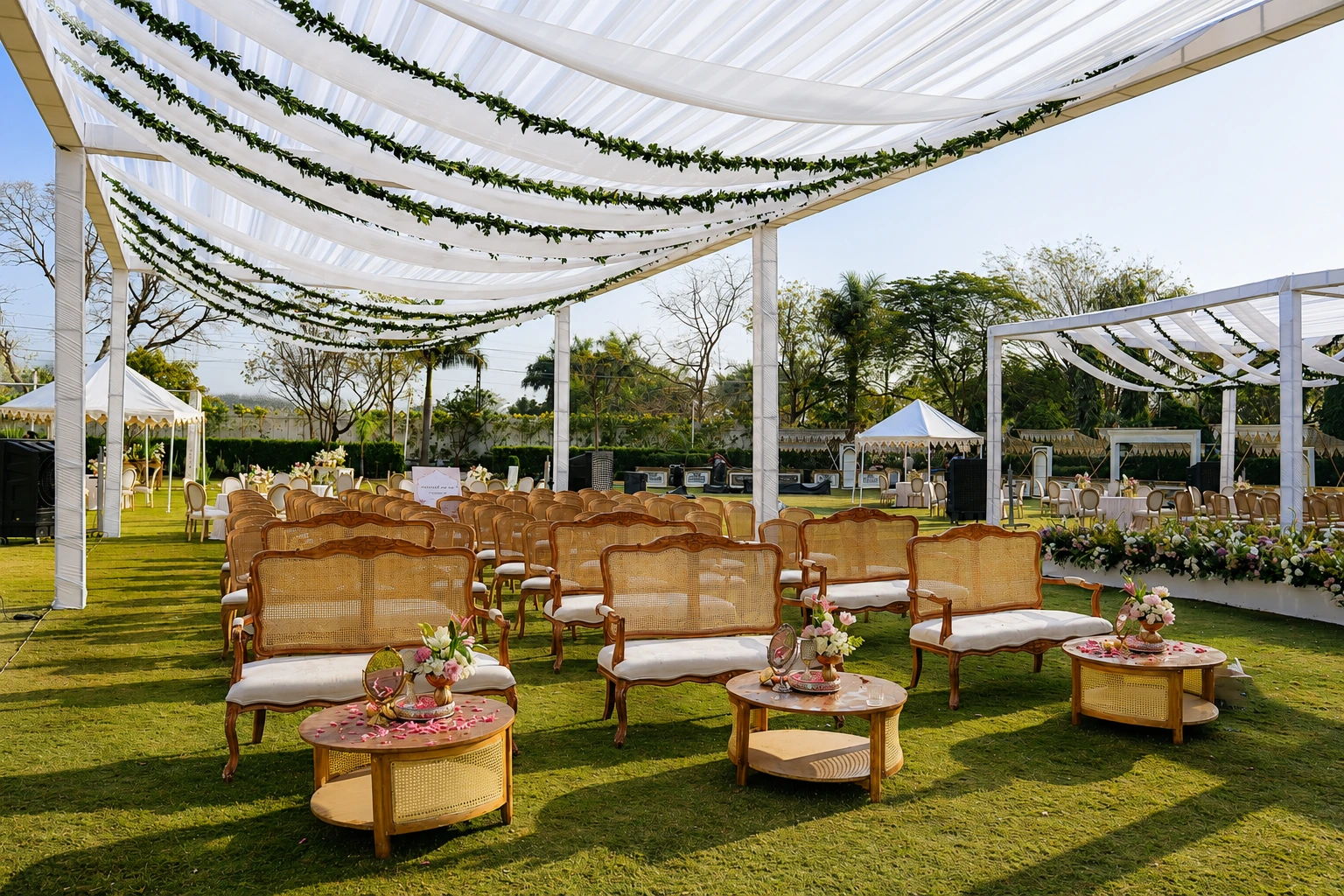 A grand banquet hall styled for a luxury wedding celebration