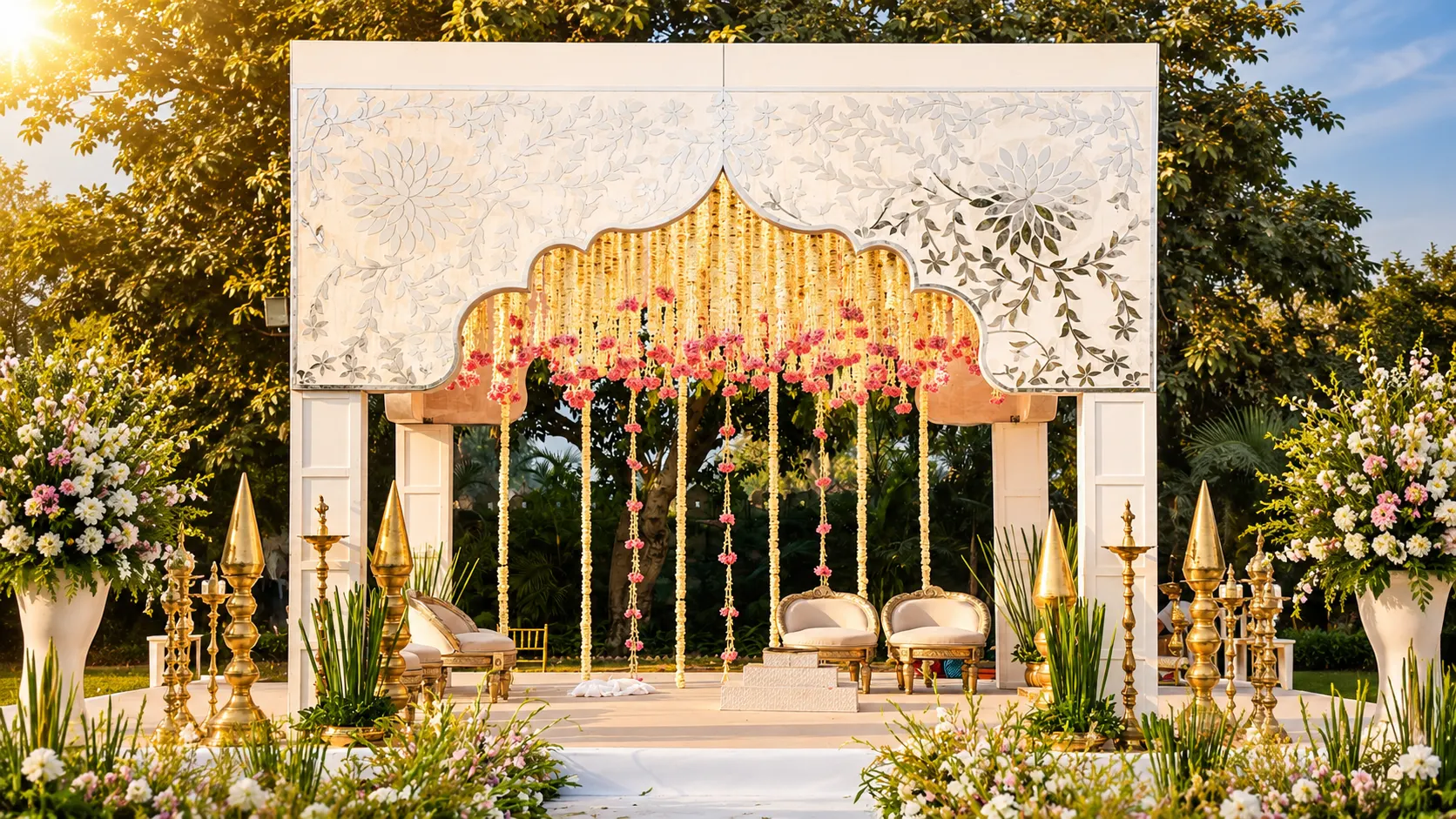 A grand banquet hall styled for a luxury wedding reception